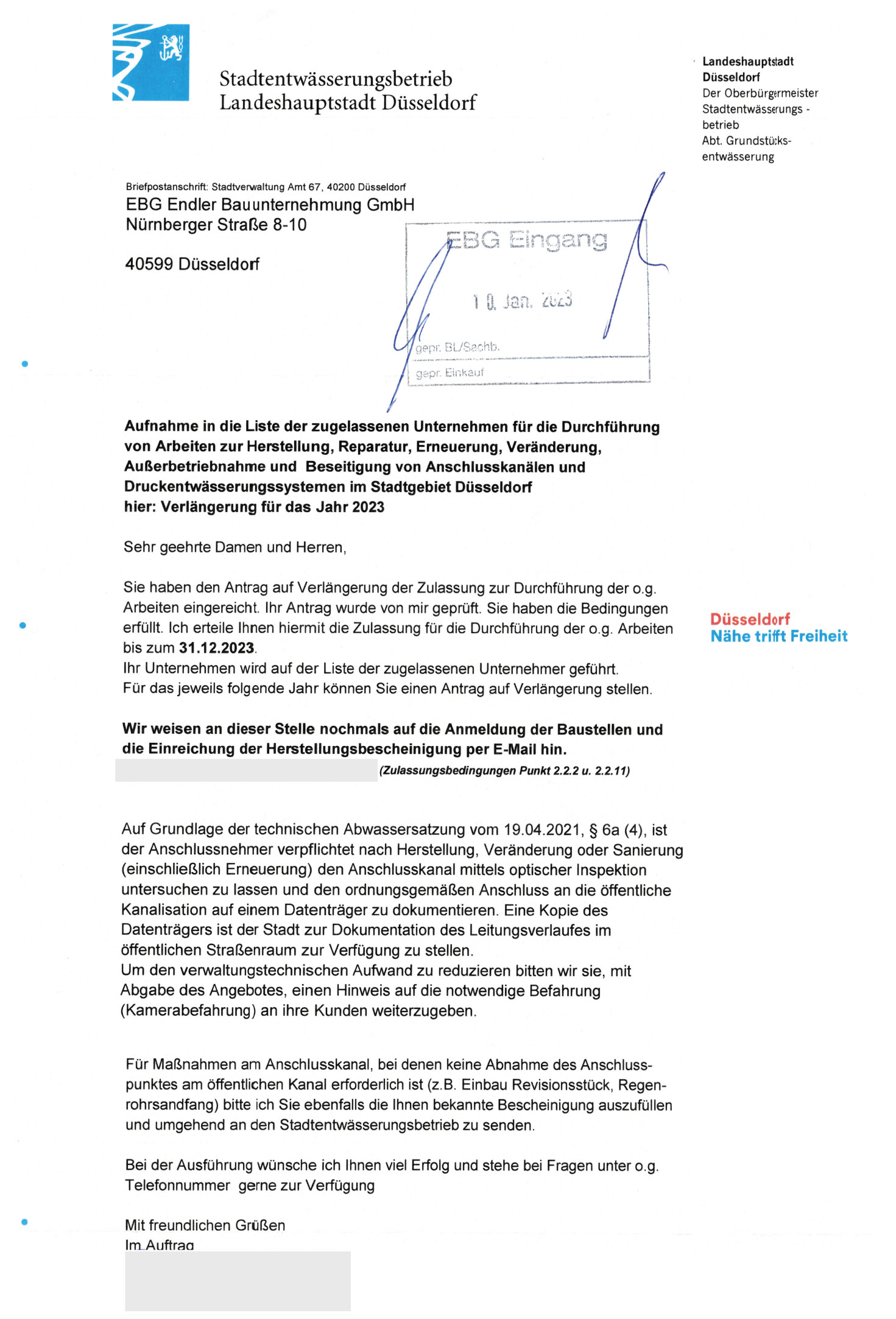 EBG Zertifikat - Zulassung Anschlusskanäle Düsseldorf 2023